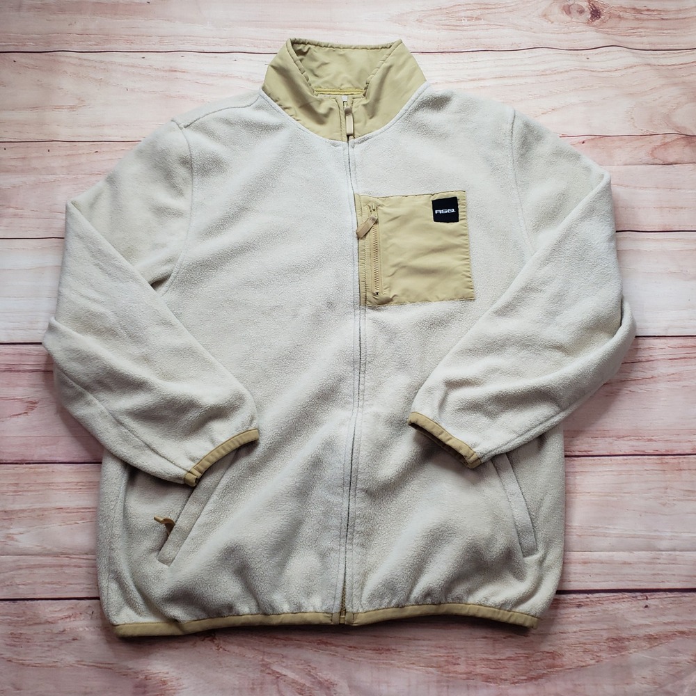 RSQ Fleece Full‎ Zip Jacket Mens XL Cream Tan Sherpa Mock Neck Gorpcore 31916